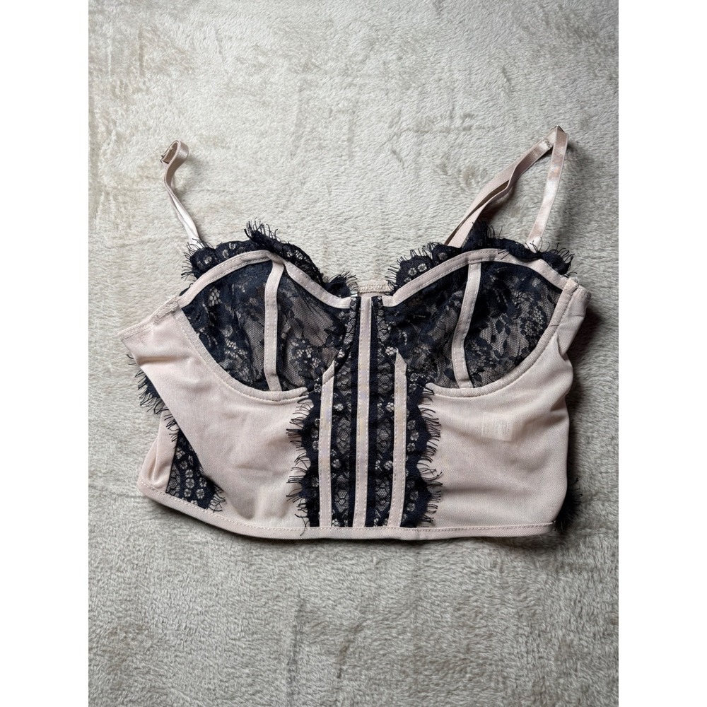 Haute Monde Womens Black Lace Mesh Corset Crop Top Tan Beige Bustier‎ Size M